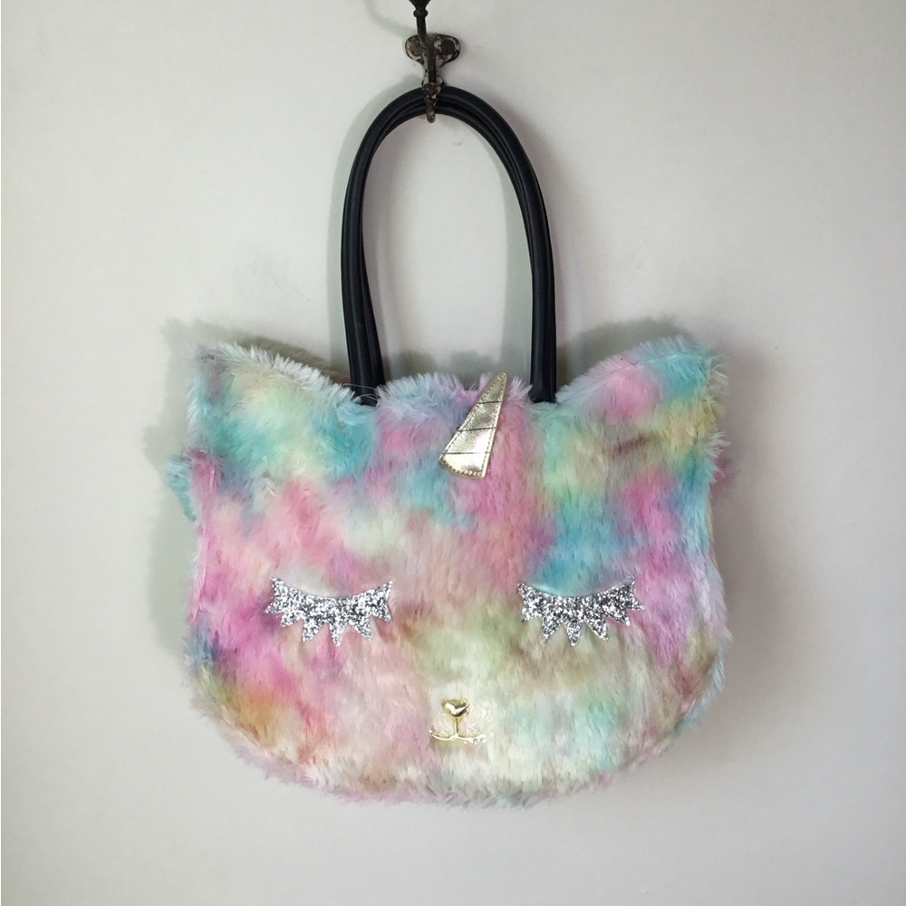 Betsey Johnson Luv Betsey Cat Unicorn Multicolor Rainbow Furry Tote